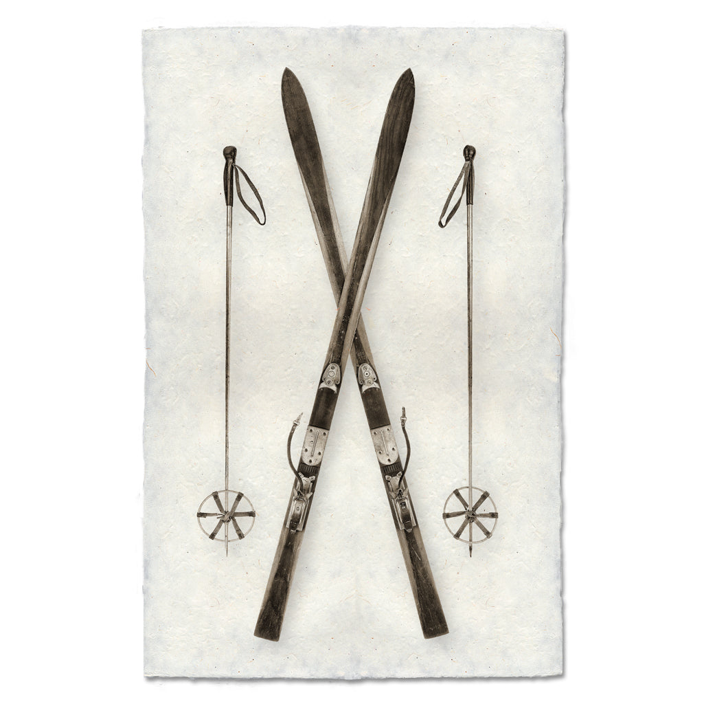 Vintage-style skis with ski poles on a textured white background