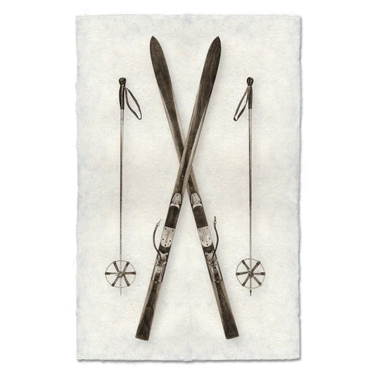 Vintage-style skis with ski poles on a textured white background